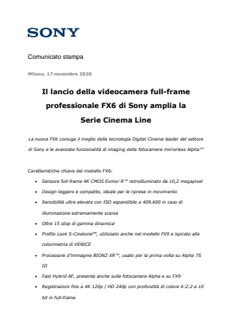 Il lancio della videocamera full-frame professionale FX6 di Sony amplia la  Serie Cinema Line