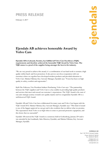 Ejendals AB achieves honorable Award by Volvo Cars