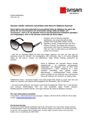 Synsam inleder exklusivt samarbete med Dolce & Gabbana Eyewear