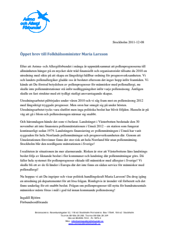 Öppet brev till Folkhälsominister Maria Larsson