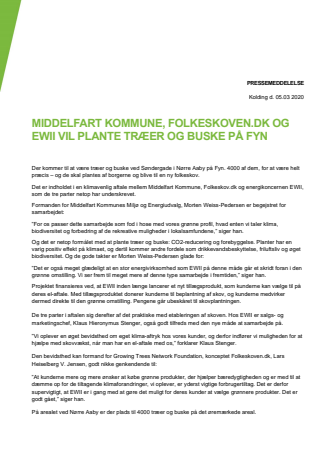 Middelfart Kommune, folkeskoven.dk og EWII vil plante træer og buske på Fyn
