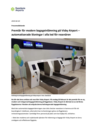 Premiär för modern bagageinlämning på Visby Airport – automatiserade lösningar i alla led för resenären 