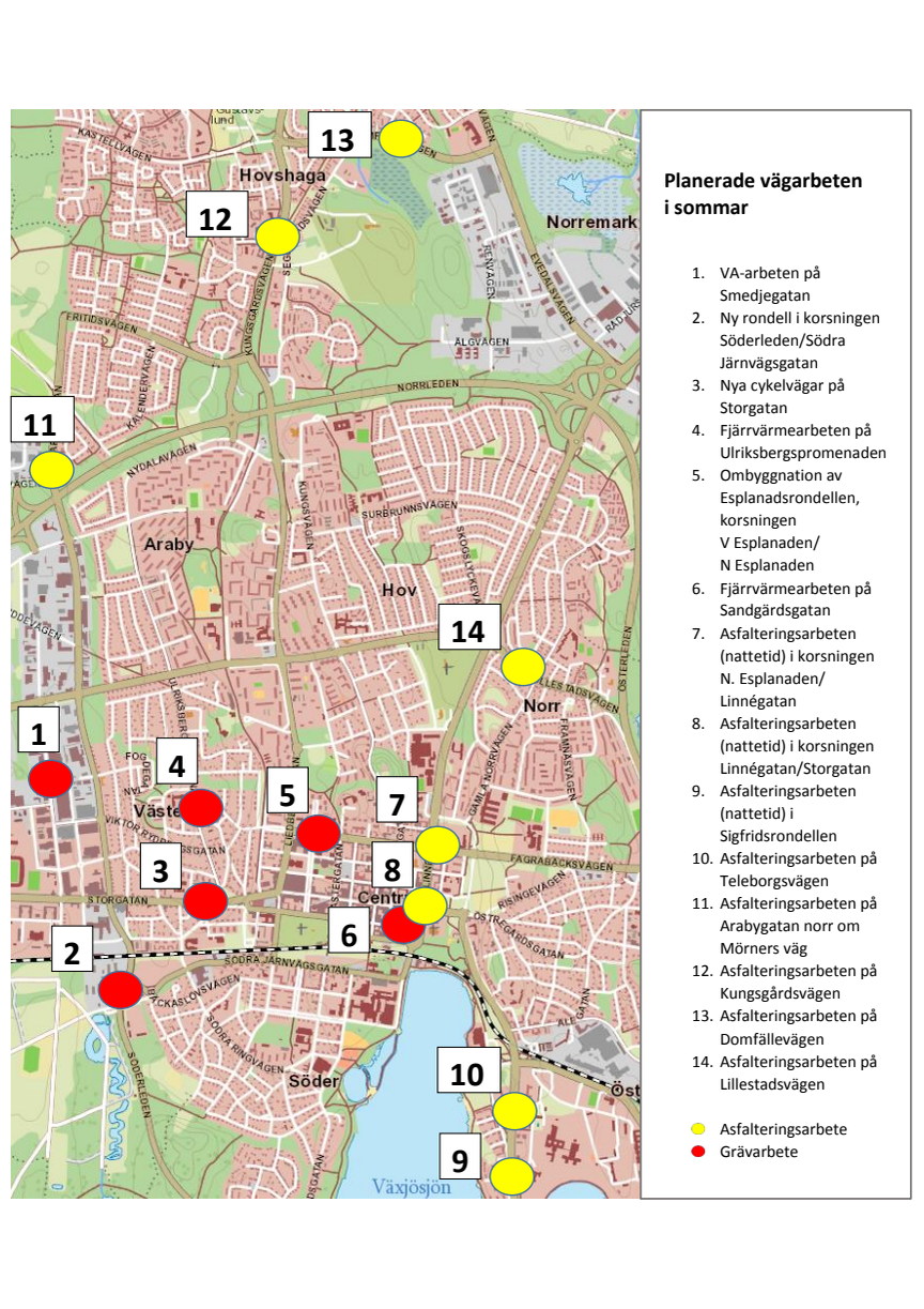 Karta över vägarbeten i Växjö stad. | Växjö kommun