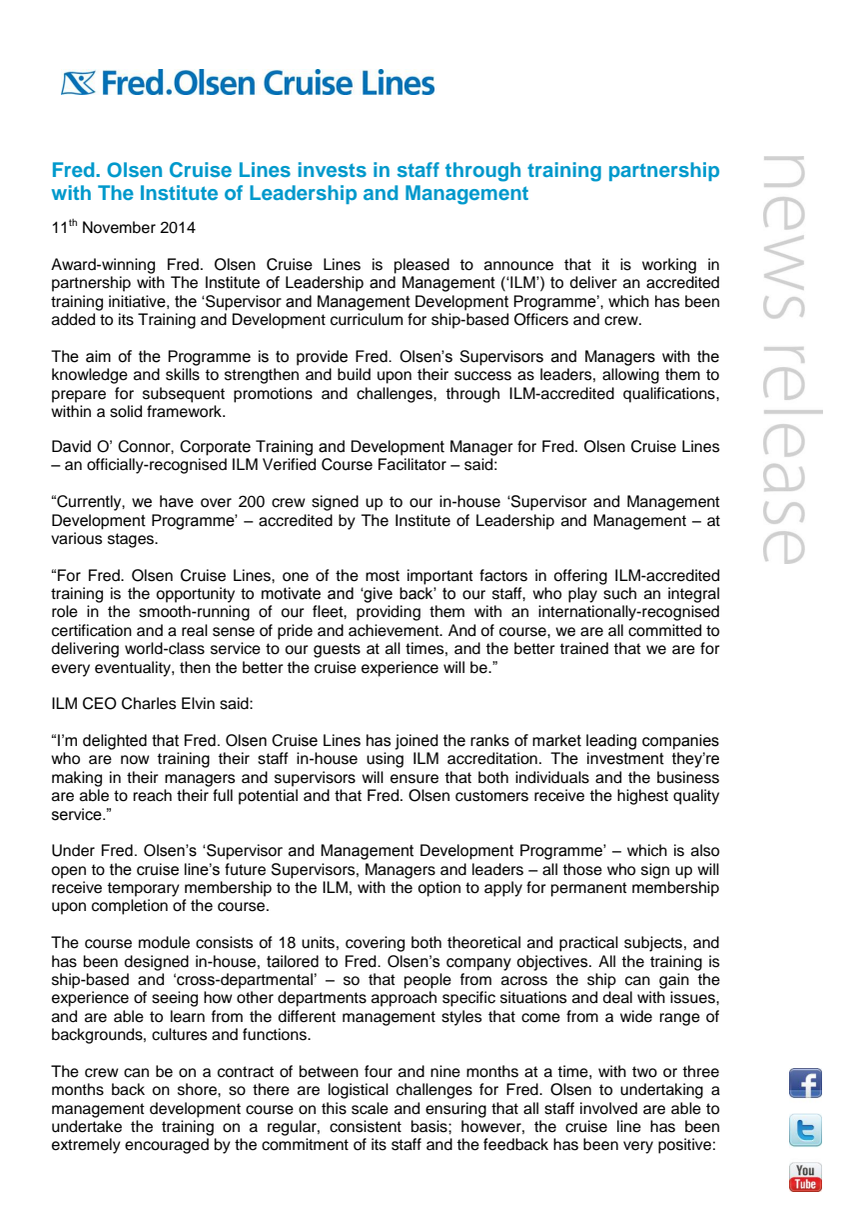 Fred. Olsen Cruise Lines invests in staff through training partnership with The Institute of Leadership and Management