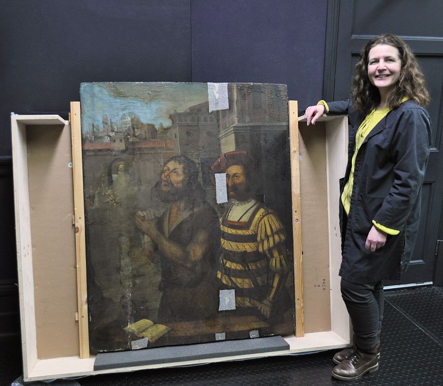 Nicky Grimaldi pictured with The Bowes Museum panel painting 2 (photo credit Northumbria University)
