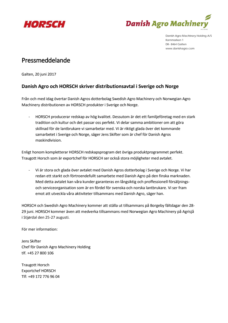 Danish Agro och HORSCH skriver distributionsavtal i Sverige och Norge