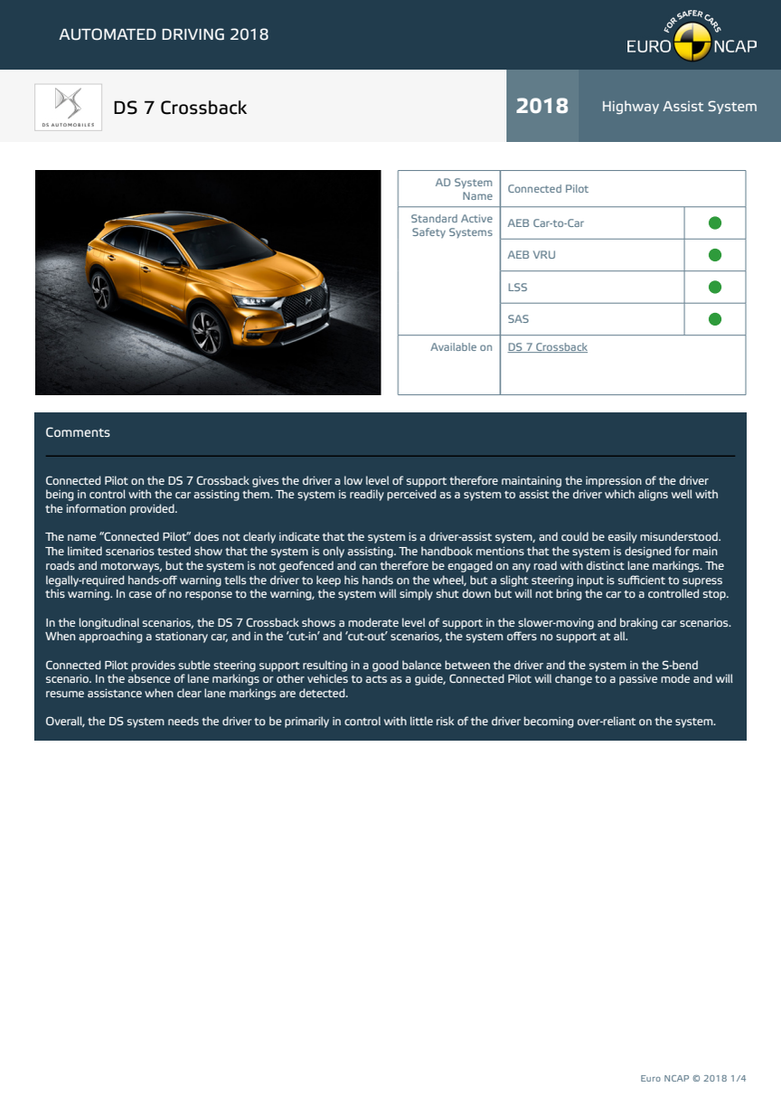 Automated Driving 2018 - DS 7 Crossback datasheet - October 2018