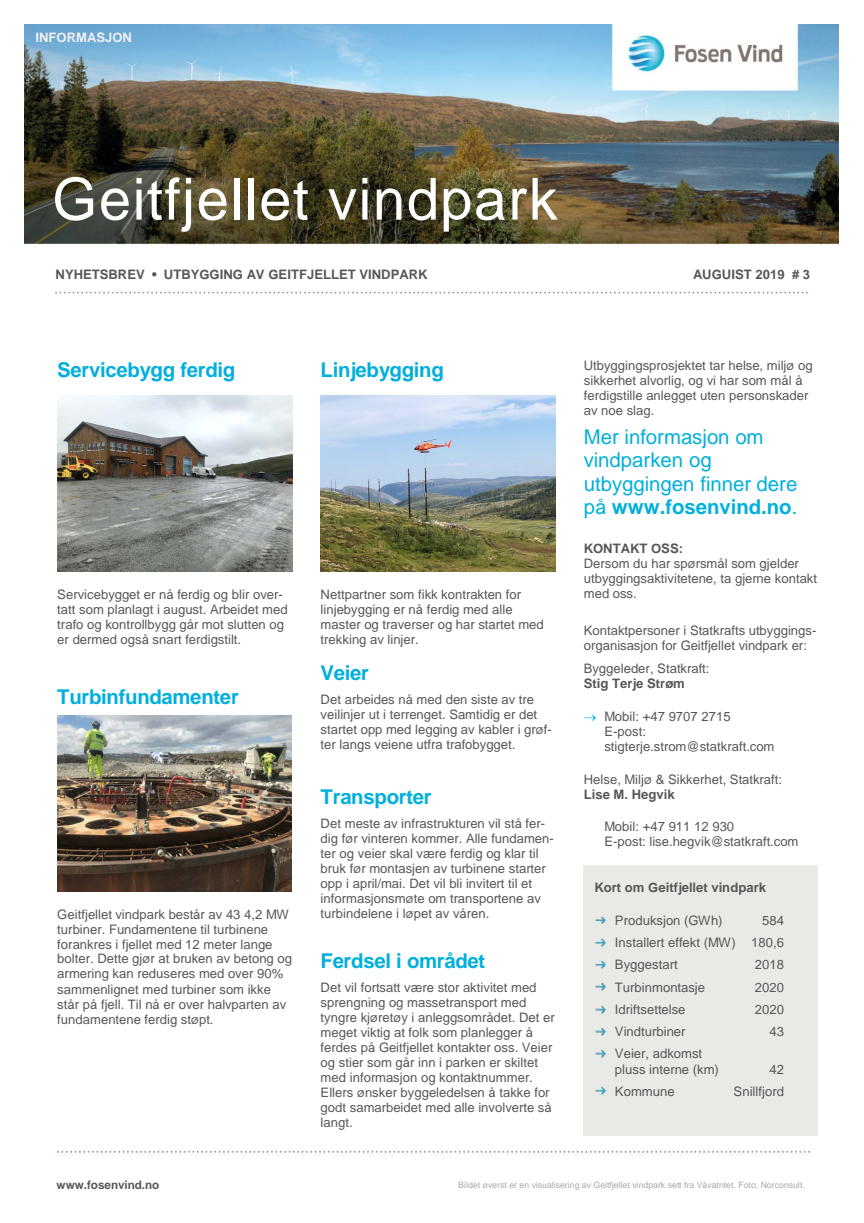 Nyhetsbrev 3 Geitfjellet vindpark, august 2019