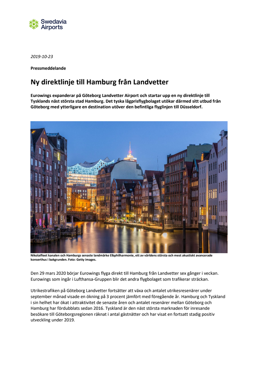 Ny direktlinje till Hamburg från Landvetter 