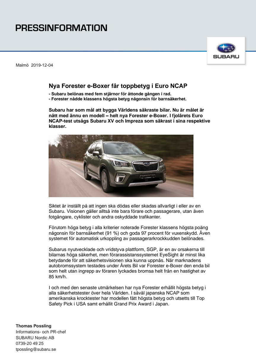 Nya Forester e-Boxer får toppbetyg i Euro NCAP