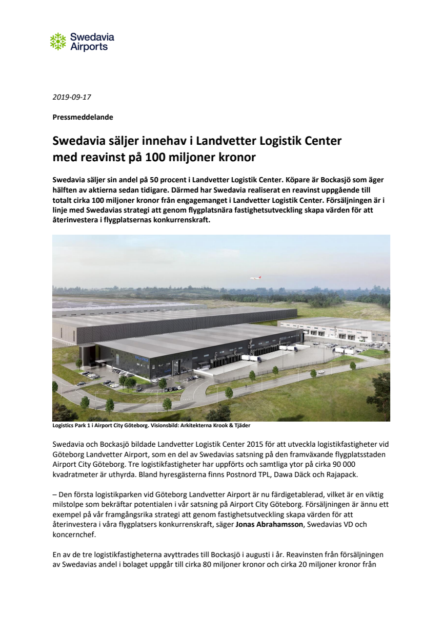 Swedavia säljer innehav i Landvetter Logistik Center  med reavinst på 100 miljoner kronor