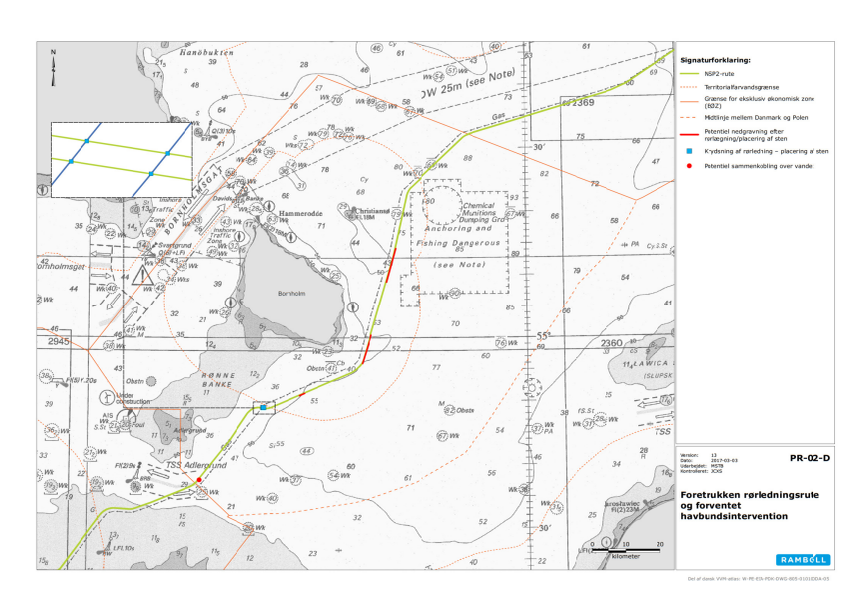 Kort over Nord Stream 2 linjeføring på dansk område