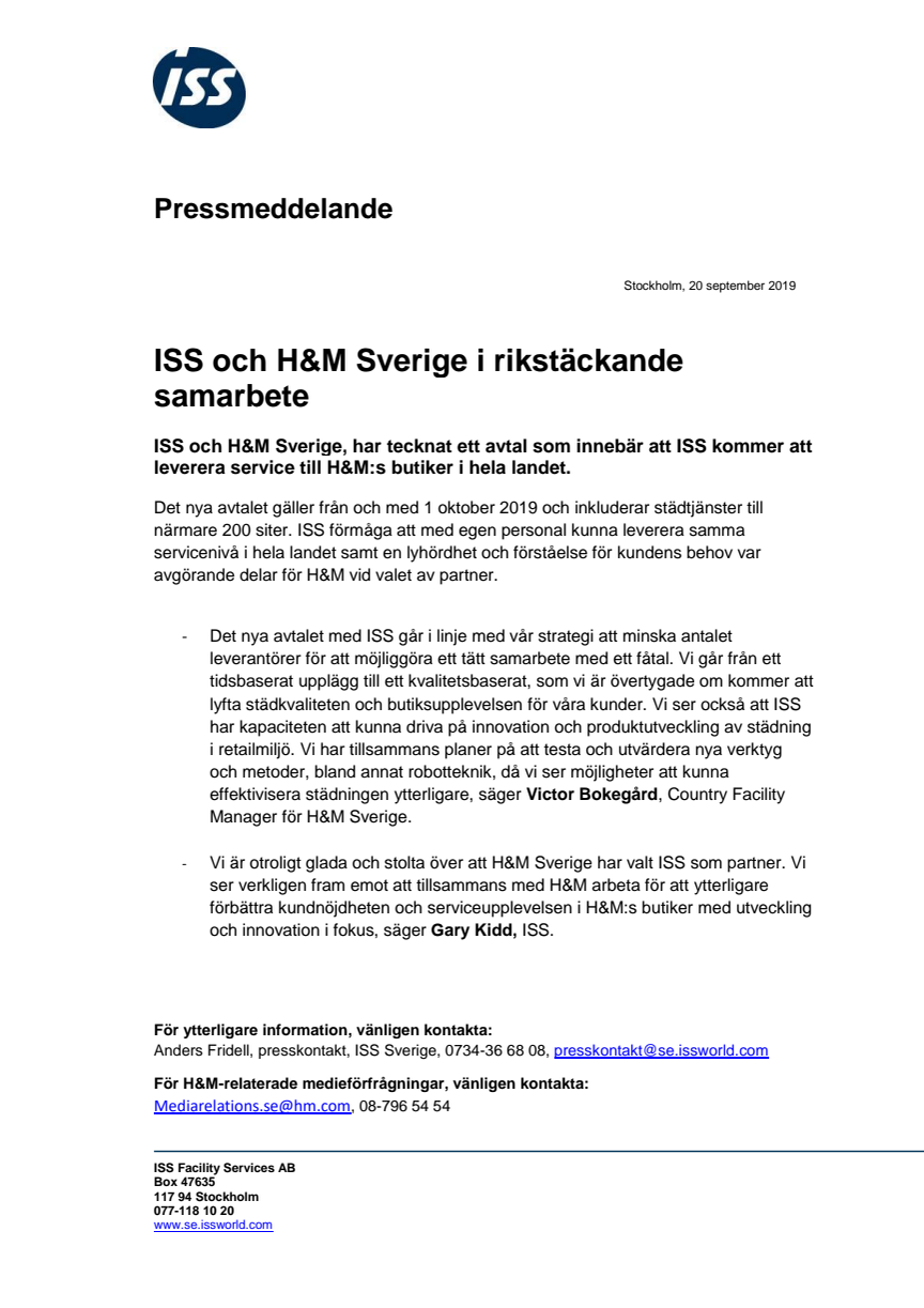 ISS och H&M Sverige i rikstäckande samarbete