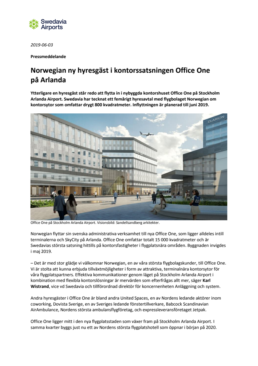 Norwegian ny hyresgäst i kontorssatsningen Office One på Arlanda