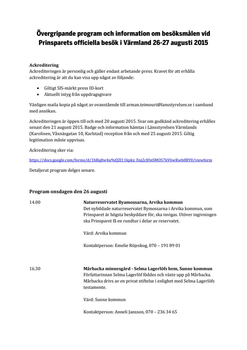 Övergripande program för Prinsparets officiella besök i Värmland 