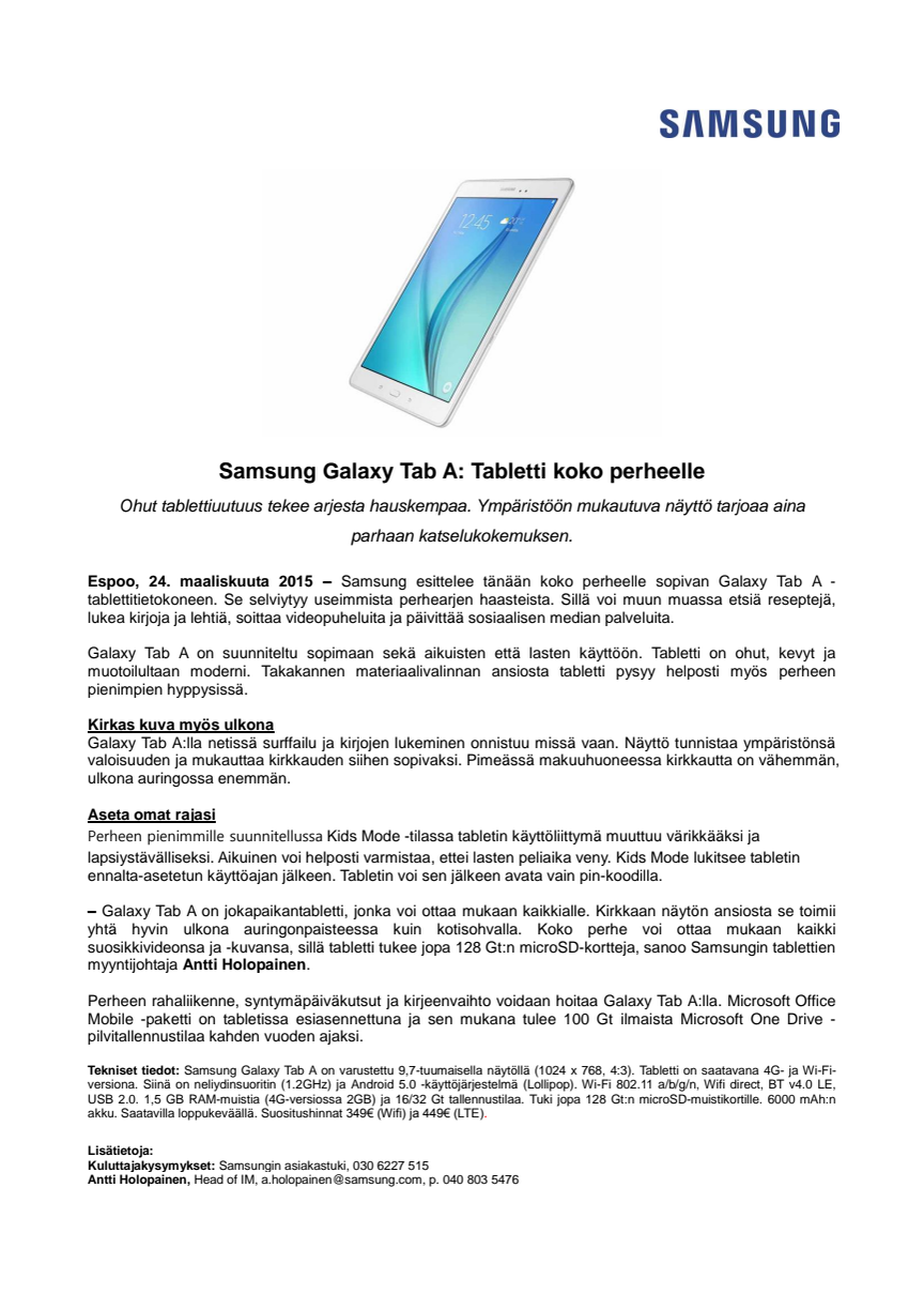 ​Samsung Galaxy Tab A: Tabletti koko perheelle