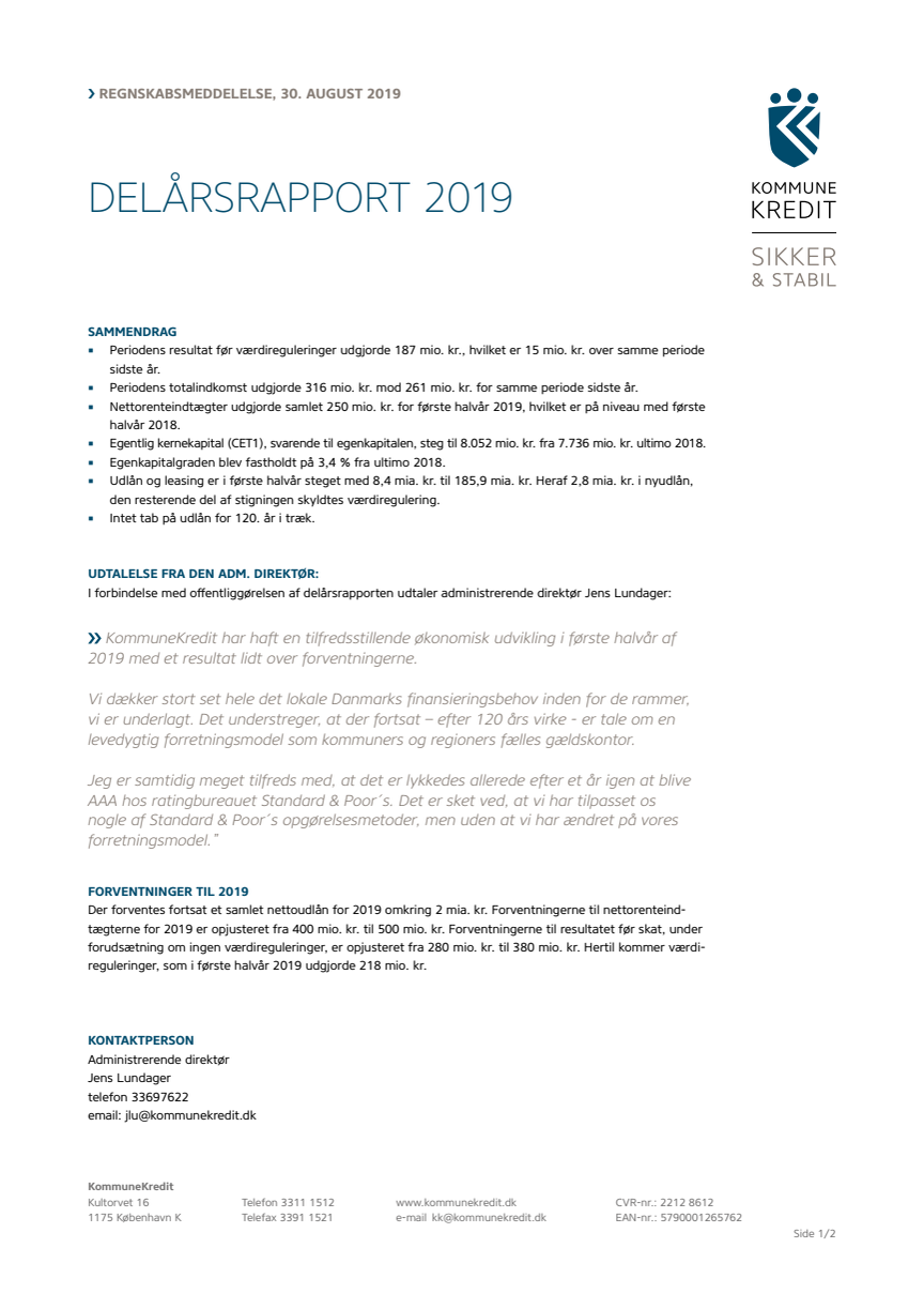 KommuneKredit offentliggør Delårsrapport 2019