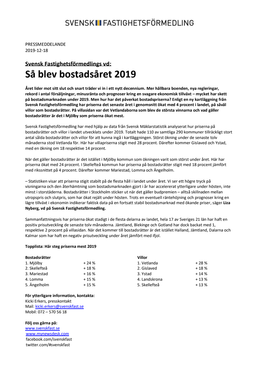 Svensk Fastighetsförmedlings vd: Så blev bostadsåret 2019 