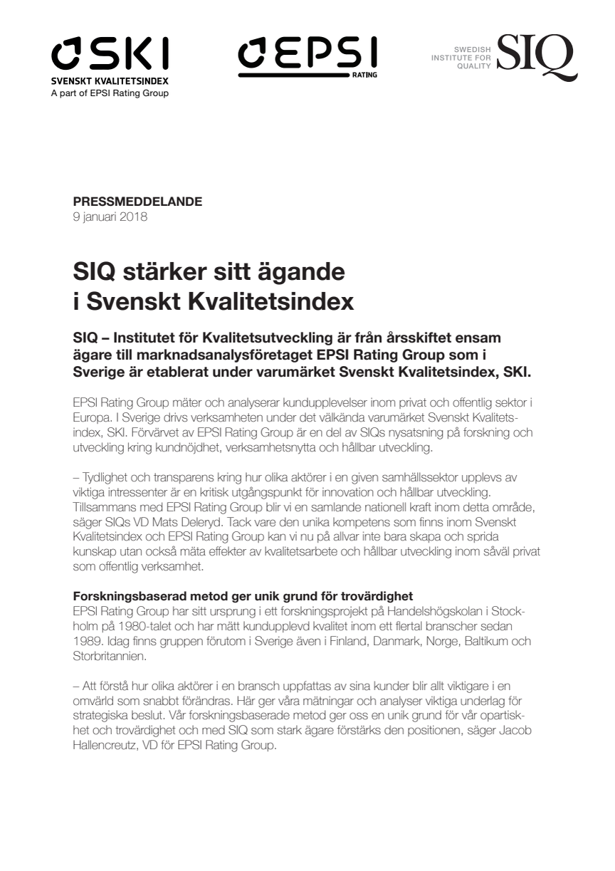 SIQ stärker sitt ägande i Svenskt Kvalitetsindex