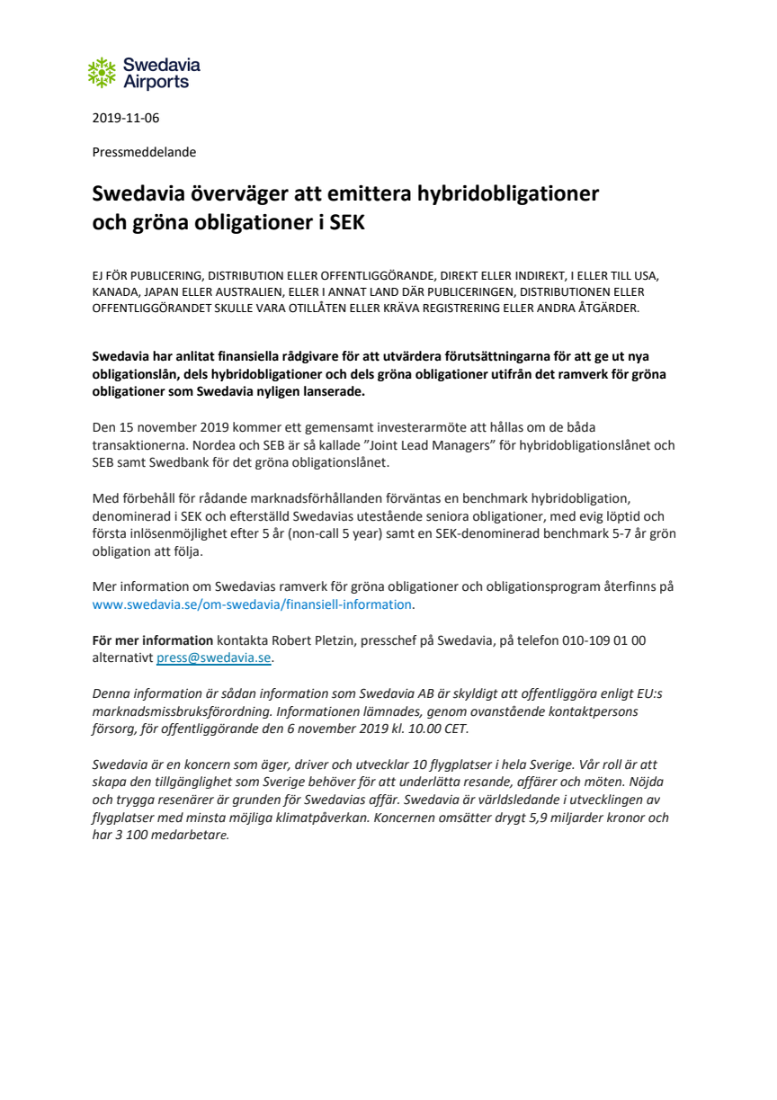 Swedavia överväger att emittera hybridobligationer och gröna obligationer i SEK