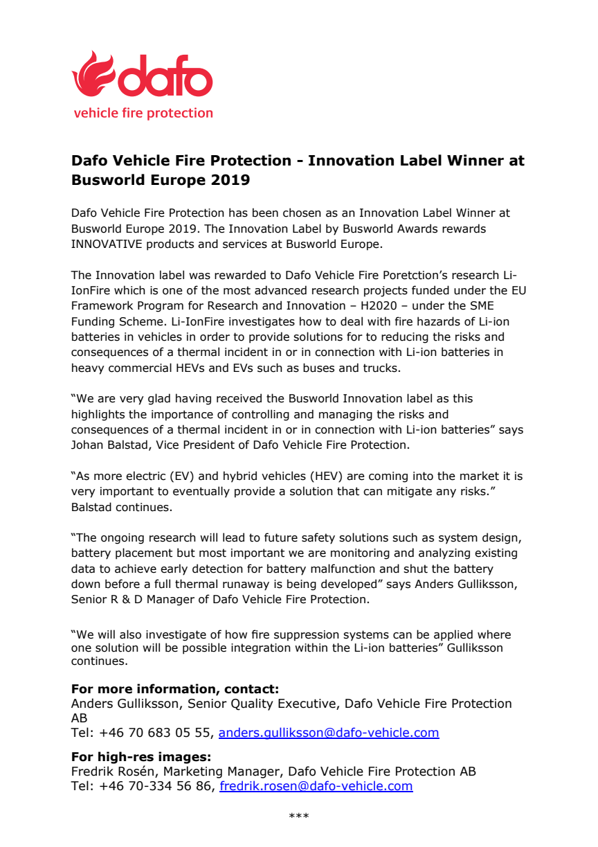 Dafo Vehicle Fire Protection - Innovation Label Winner at Busworld Europe 2019!