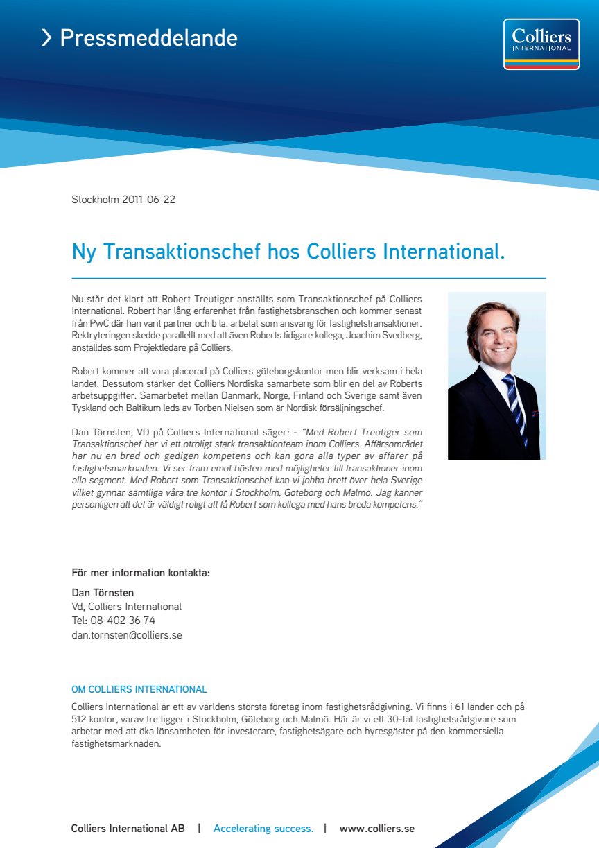 Ny transaktionschef hos Colliers International