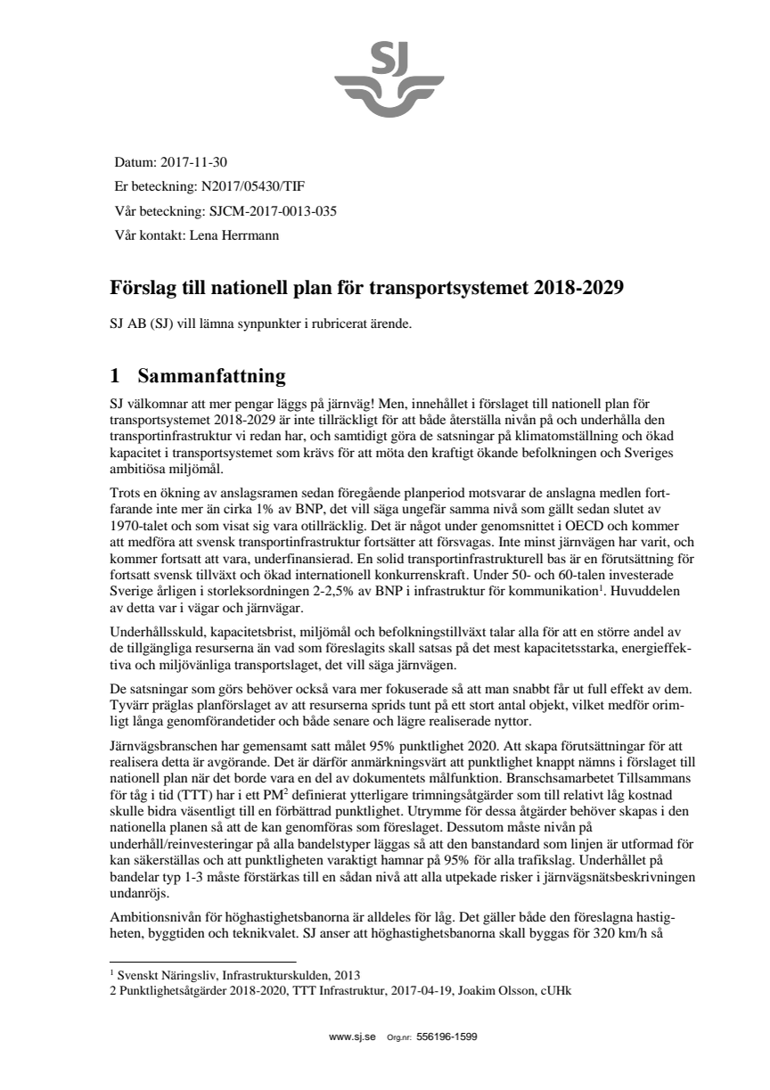 SJs remissvar - Förslag till nationell plan för transportsystemet 2018-2029 