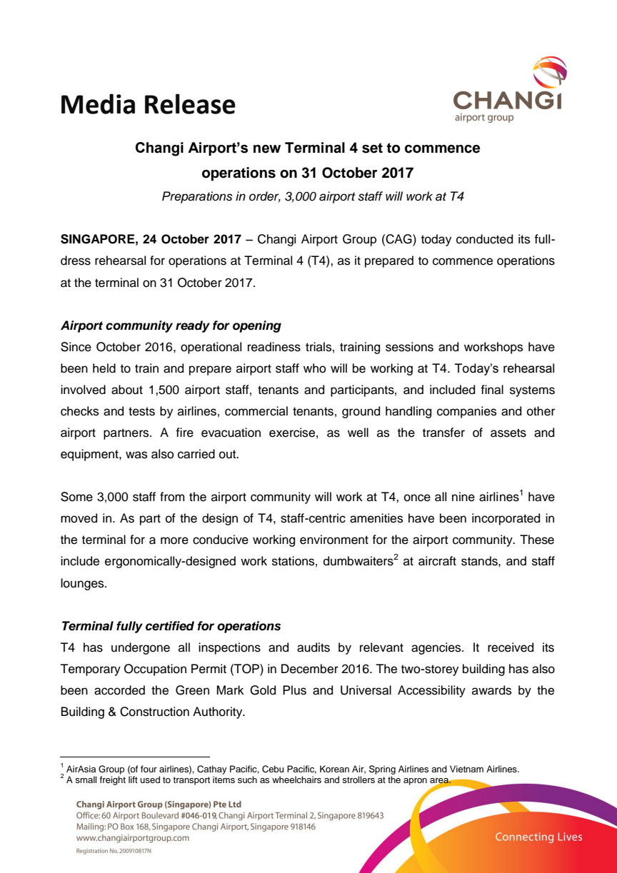 Changi Airport’s new Terminal 4 set to commence operations on 31 October 2017