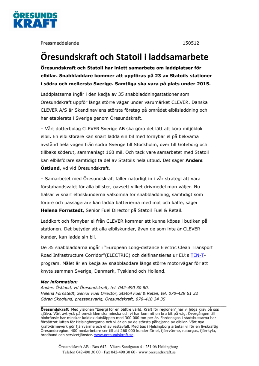 Öresundskraft och Statoil i laddsamarbete