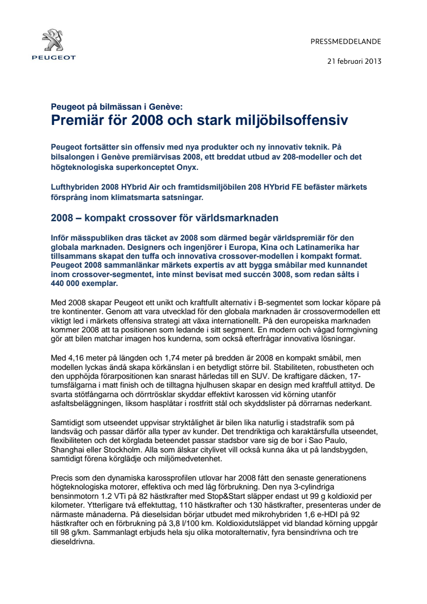 Peugeot på bilmässan i Genève: Premiär för 2008 och stark miljöbilsoffensiv