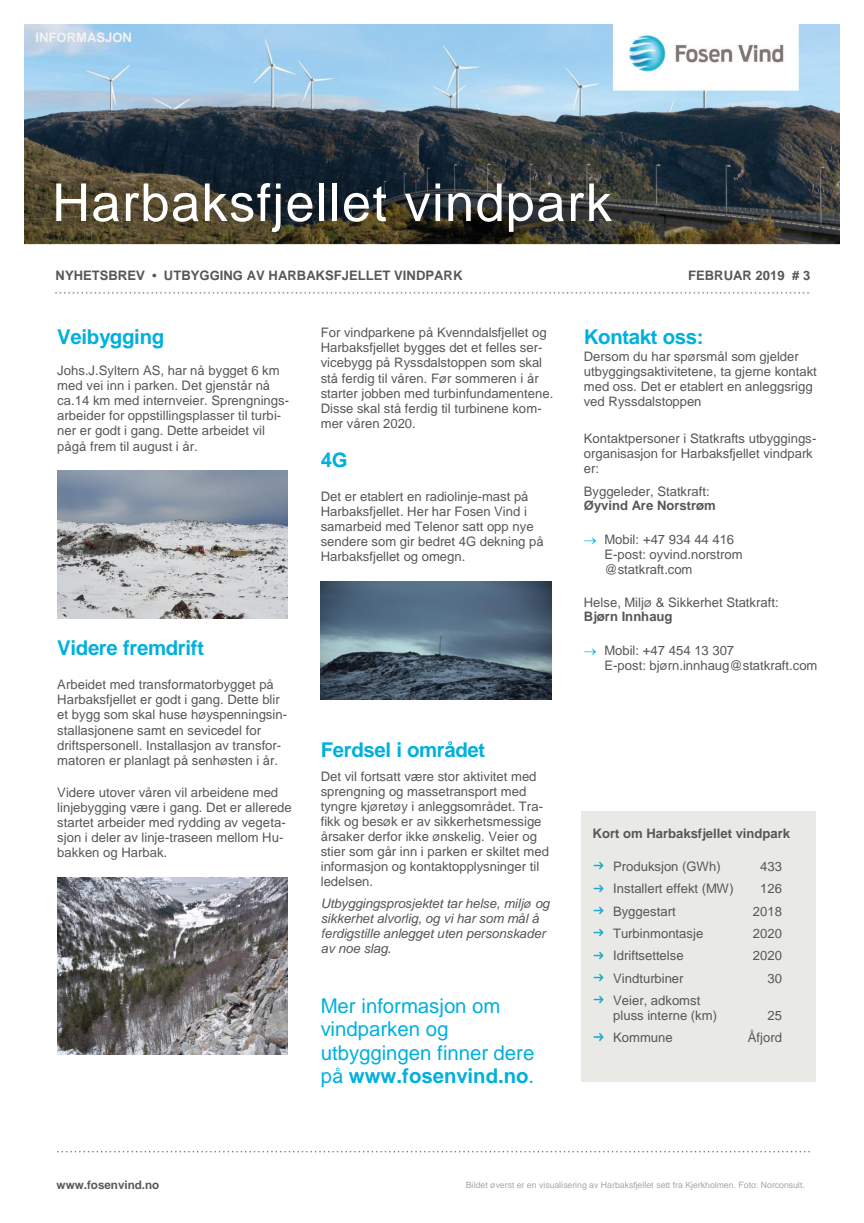Nyhetsbrev Kvenndalsfjellet og Harbaksfjellet vindparker  #3 2019