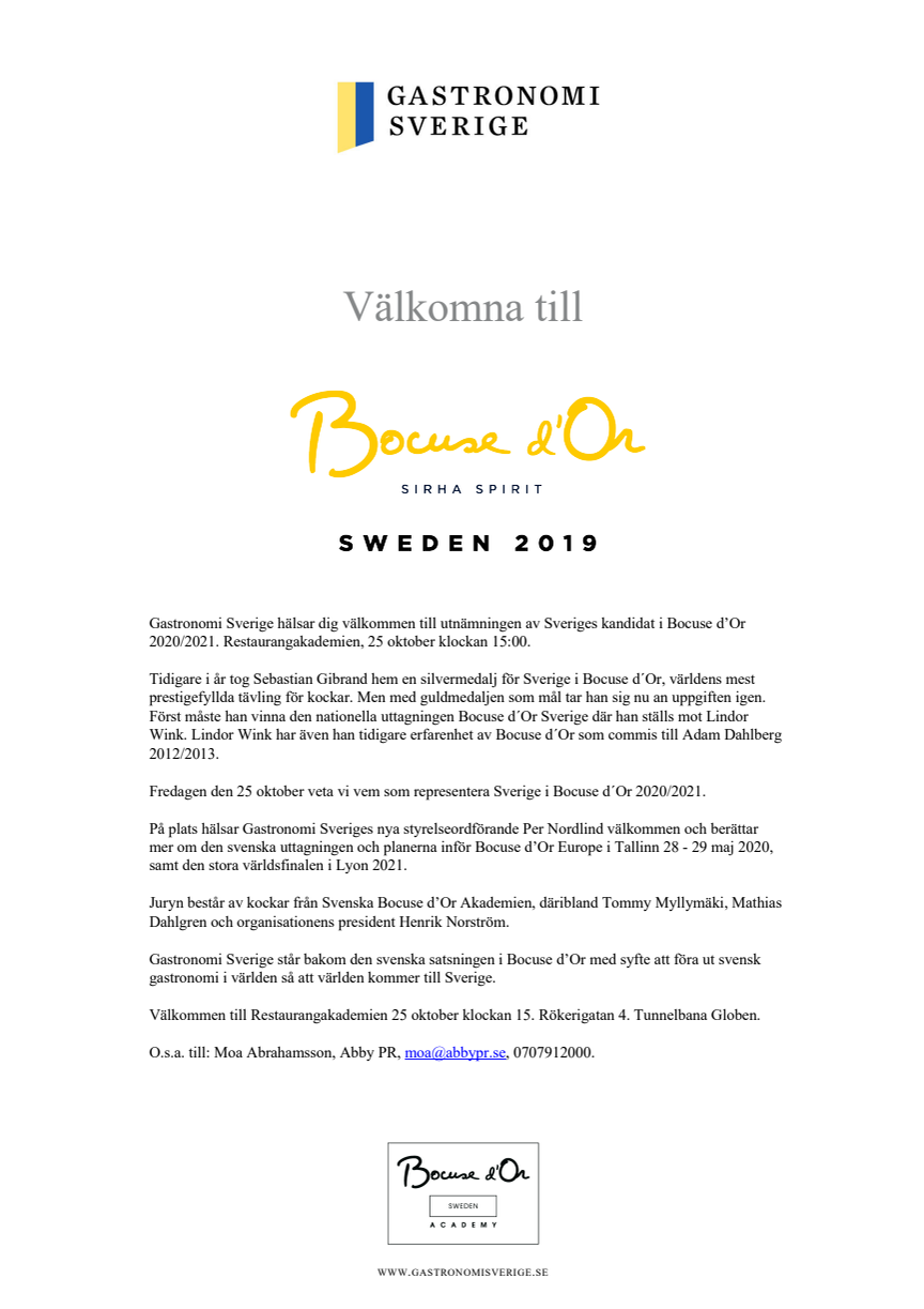 Pressinbjudan Bocuse d'Or Sverige 