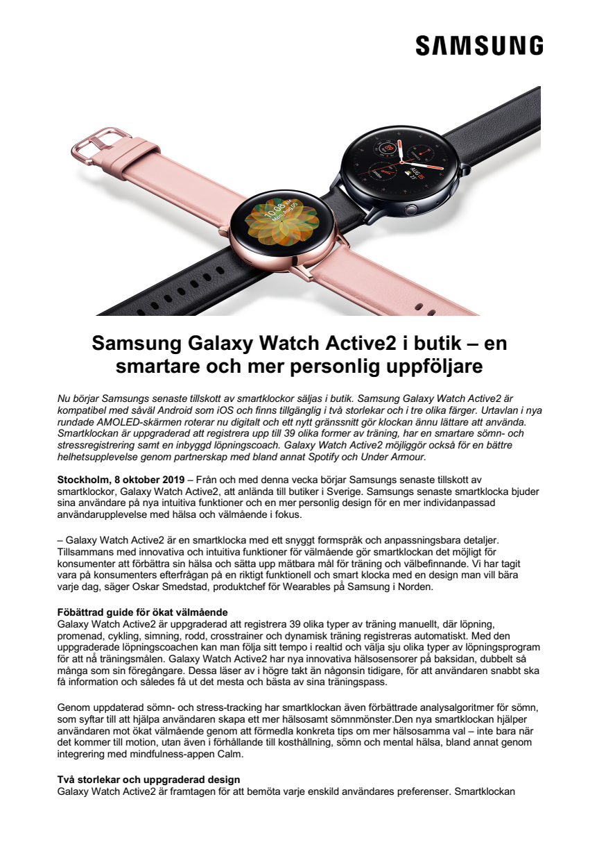 Samsung Galaxy Watch Active2 i butik – en smartare och mer personlig uppföljare
