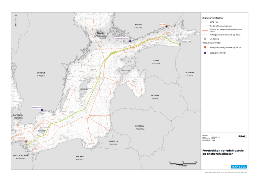 Kort over Nord Stream 2 linjeføring - hele ruten