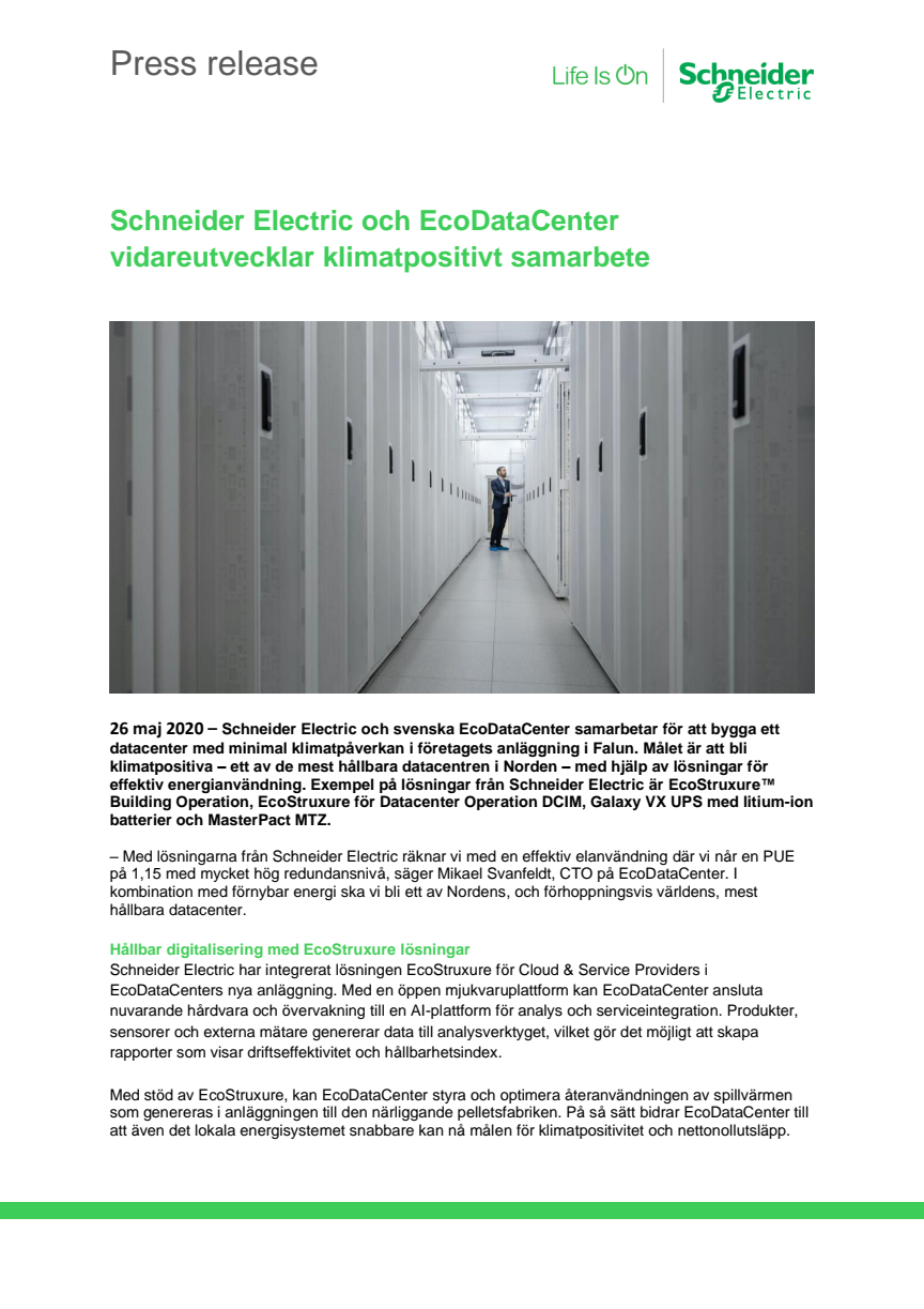 Schneider Electric och EcoDataCenter vidareutvecklar klimatpositivt samarbete