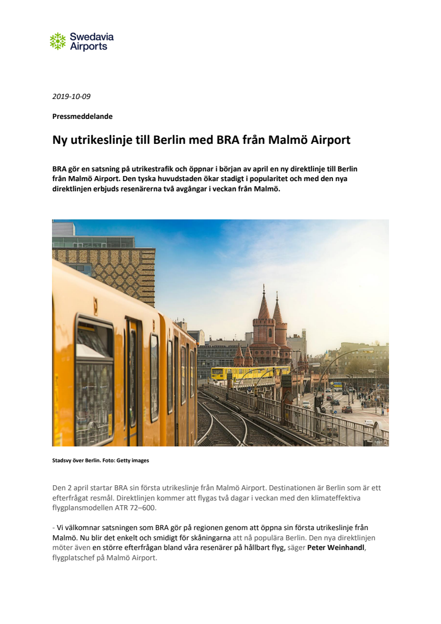 Ny utrikeslinje till Berlin med BRA från Malmö Airport 