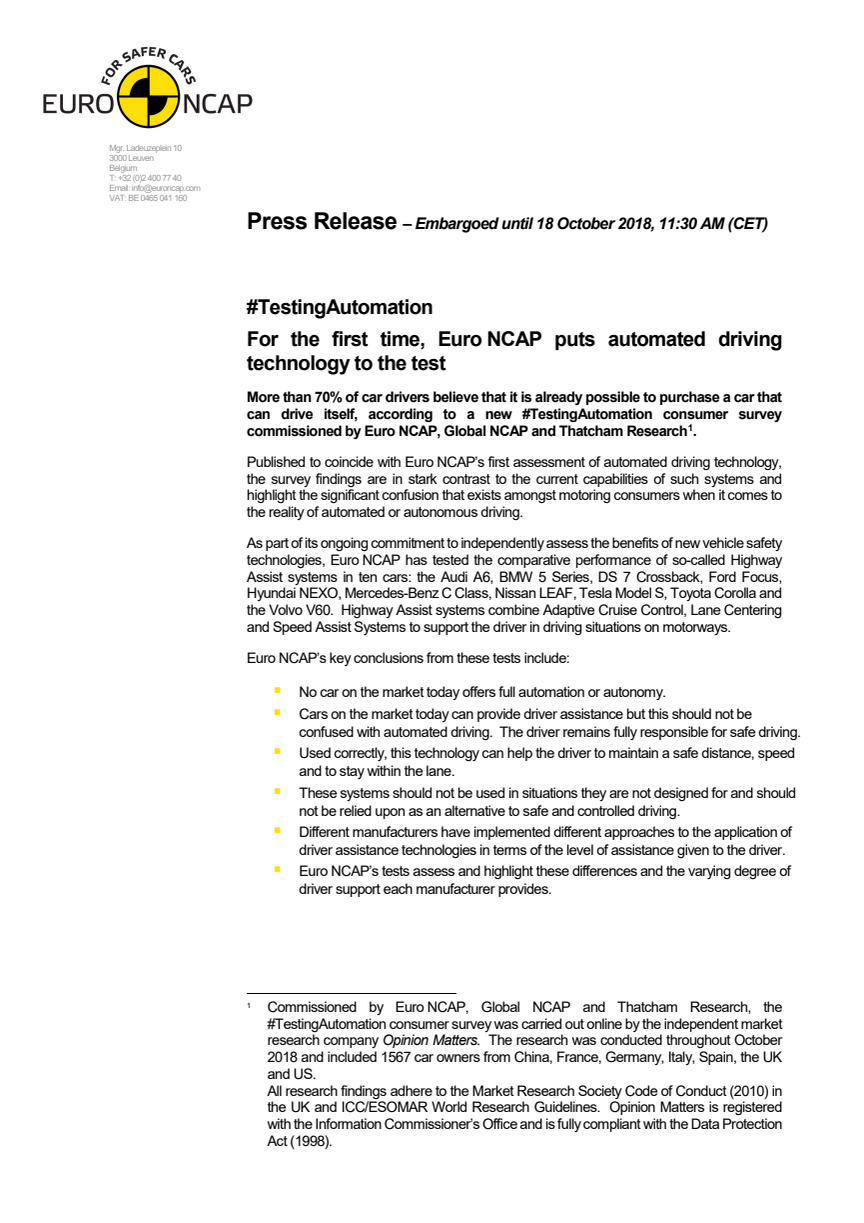 Euro NCAP #TestingAutomation press release - October 2018