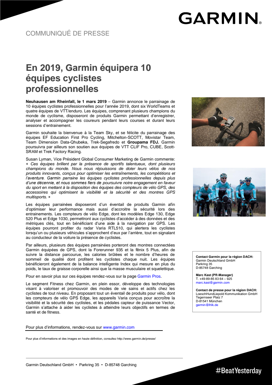 En 2019, Garmin équipera 10 équipes cyclistes professionnelles