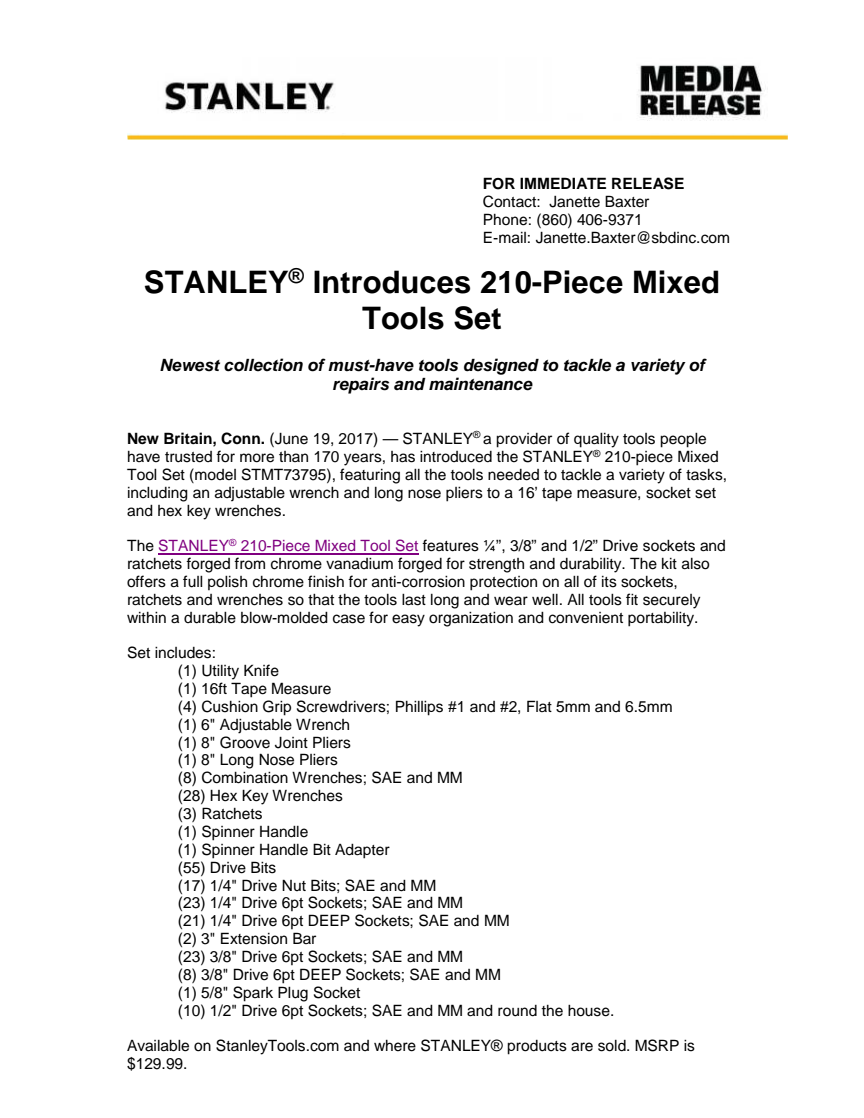 STANLEY® Introduces 210-Piece Mixed Tools Set 