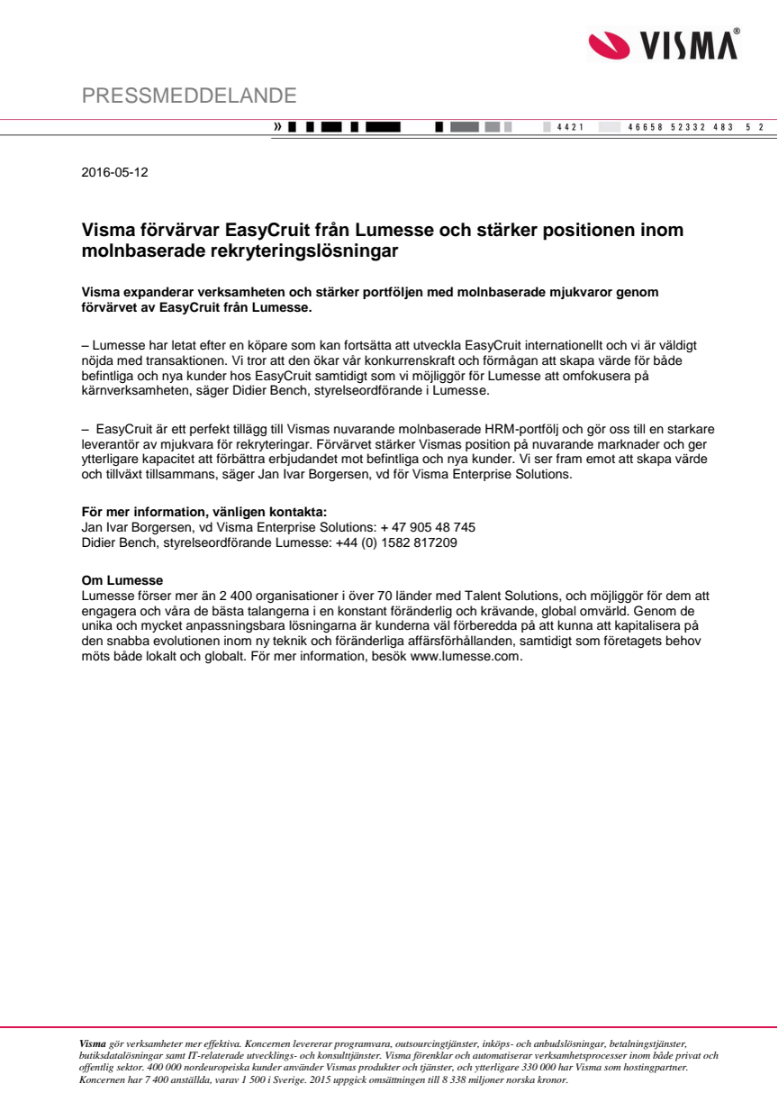 Visma förvärvar EasyCruit från Lumesse och stärker positionen inom molnbaserade rekryteringslösningar