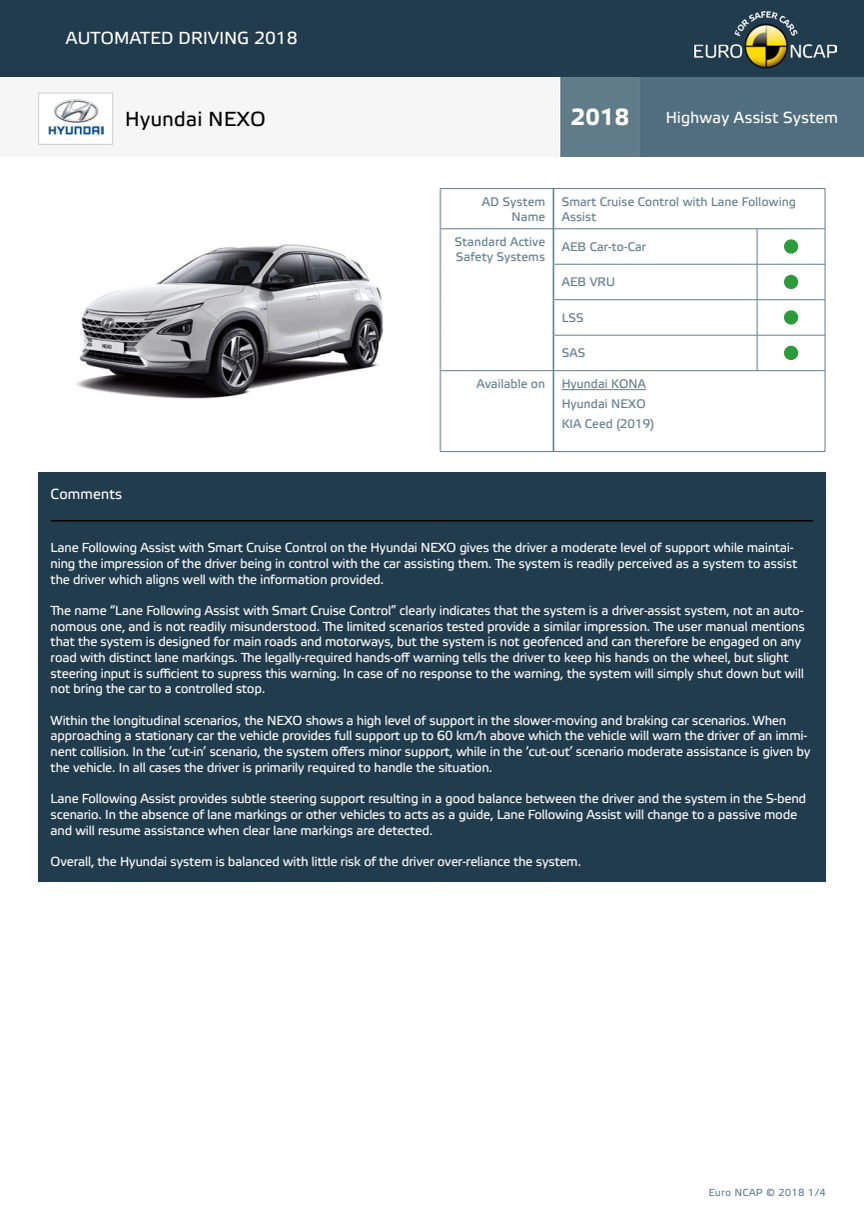 Automated Driving 2018 - Hyundai NEXO datasheet - October 2018