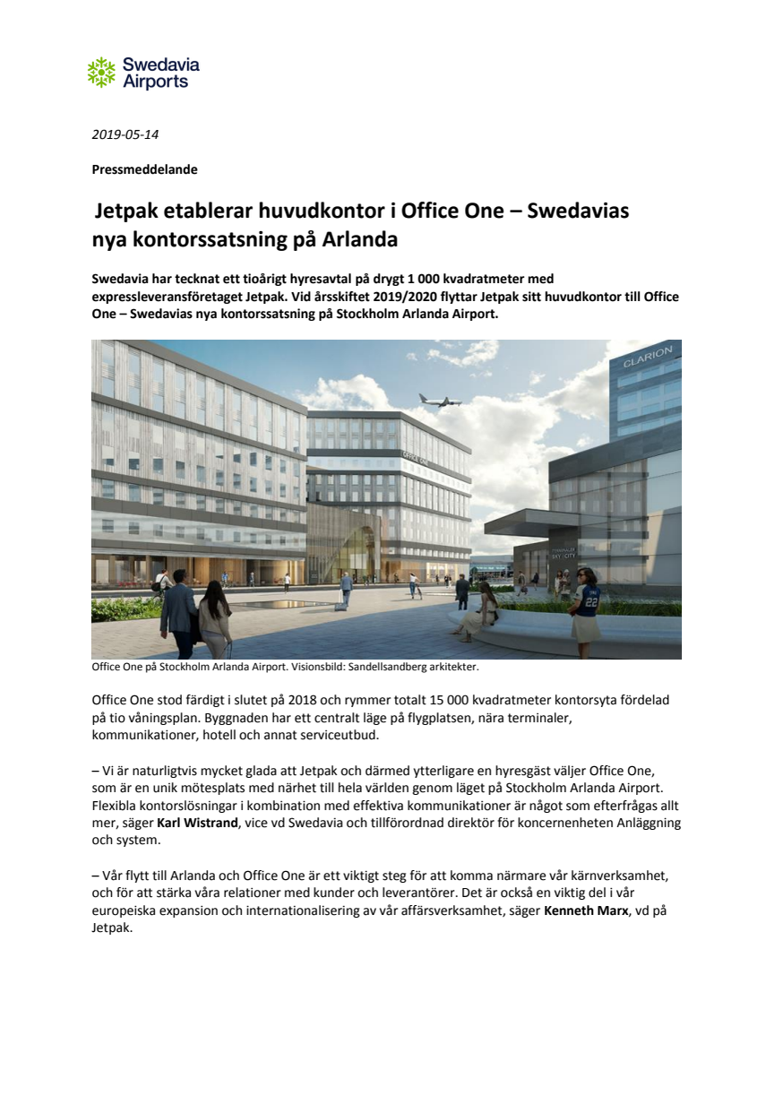 Jetpak etablerar huvudkontor i Office One – Swedavias nya kontorssatsning på Arlanda
