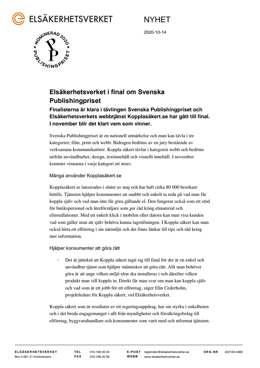 Elsäkerhetsverket i final om Svenska Publishingpriset