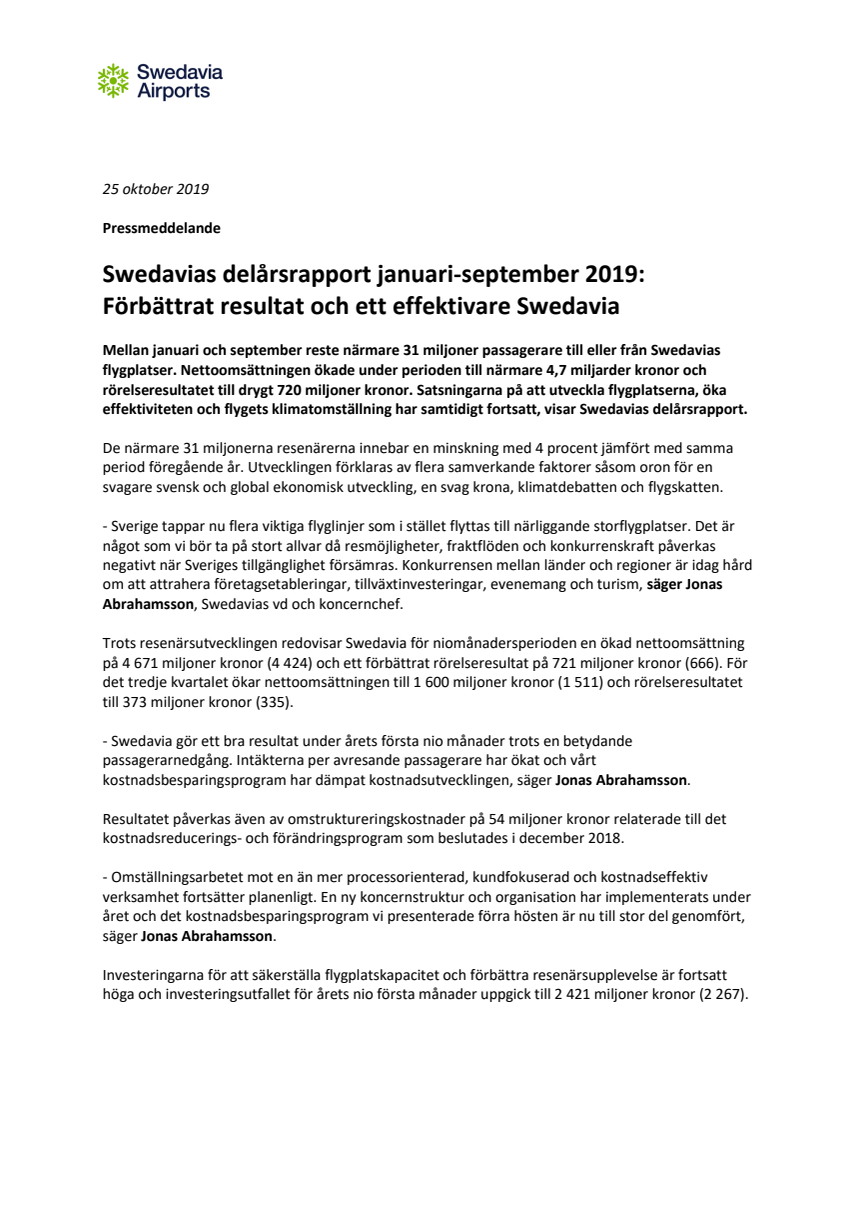 Swedavias delårsrapport januari-september 2019: Förbättrat resultat och ett effektivare Swedavia
