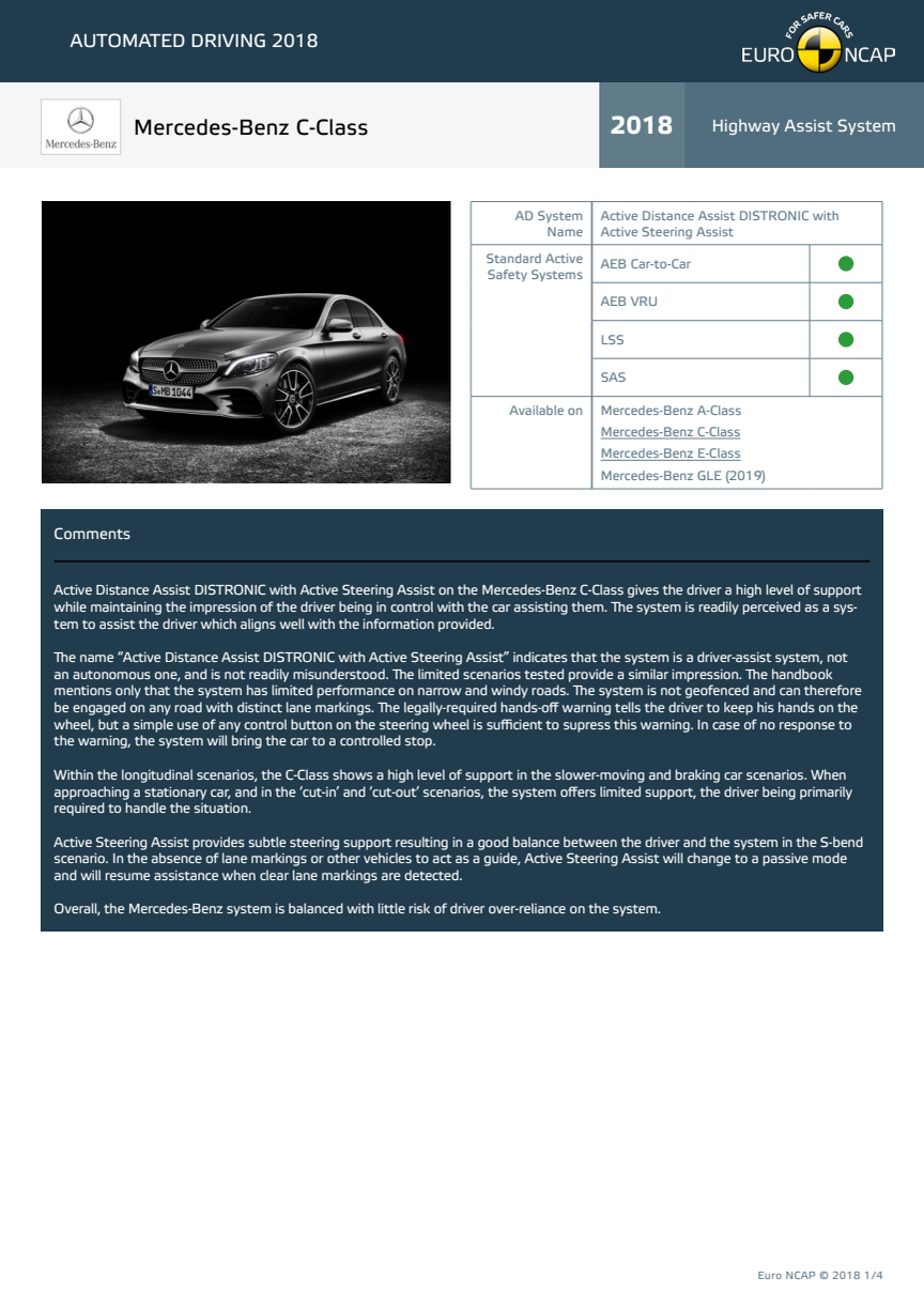 Automated Driving 2018 - Mercedes-Benz C-Class datasheet - October 2018