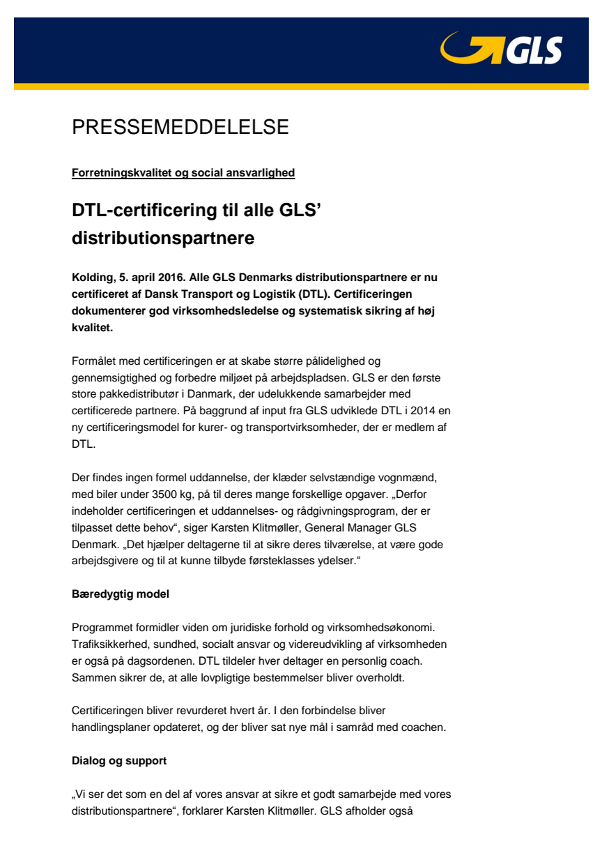 DTL-certificering til alle GLS' distributionspartnere