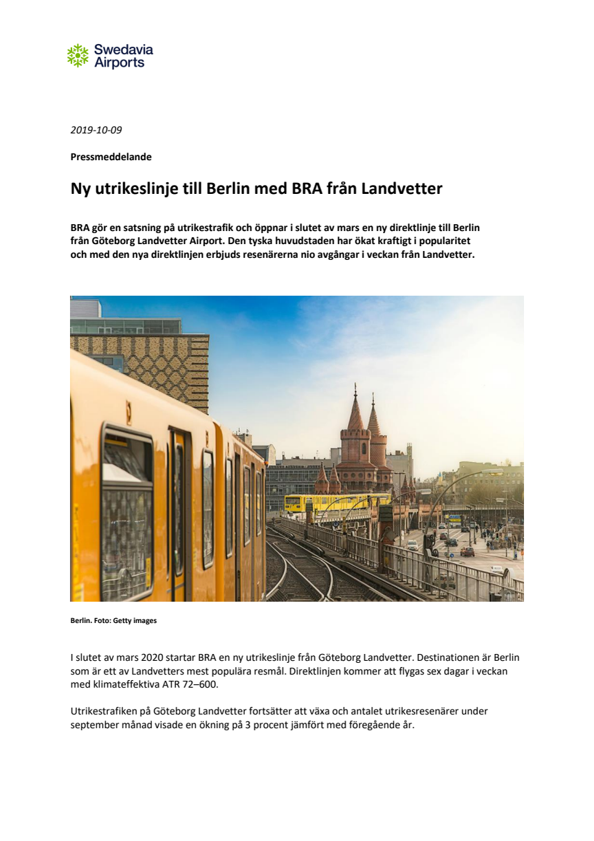 Ny utrikeslinje till Berlin med BRA från Landvetter 