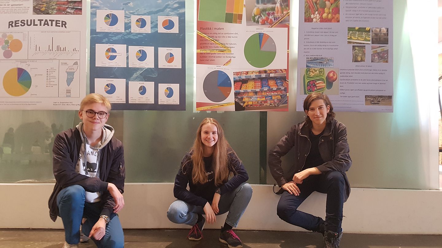 Elever fra Kongsbakken videregående deltok med flotte plakater om plastemballasje på "Fritt Fram!" i 2019 (Foto: Trude Borch, Akvaplan-niva)