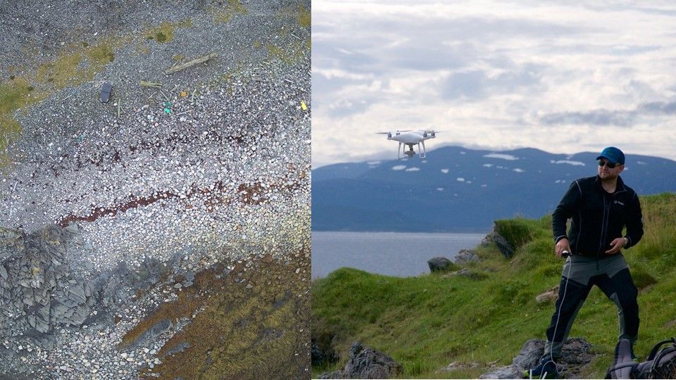 Foto av strand med søppel tatt med drone. Til høyre dronepilot Morten Thorstensen, Akvaplan-niva.