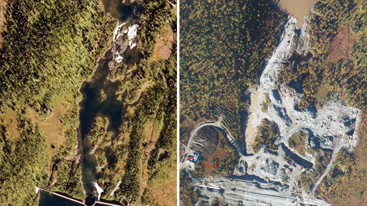 Bildet til venstre er tatt i 2008 og viser terrenget nedstrøms den gamle platedammen. Bildet til høyre er tatt i 2016  etter at anleggsarbeidet har kommet godt i gang (Foto: ©norgeibilder.no).